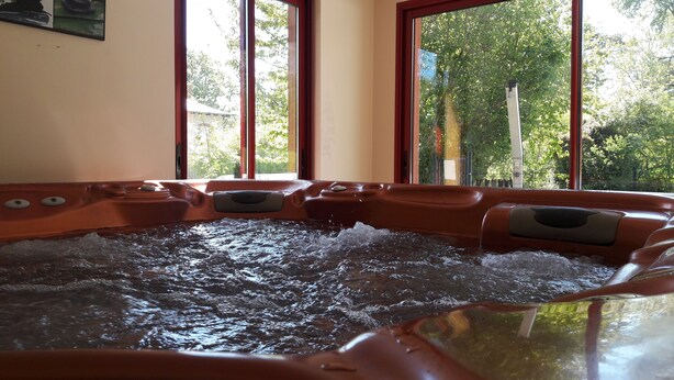 Un jacuzzi con vistas a árboles a través de amplios ventanales.