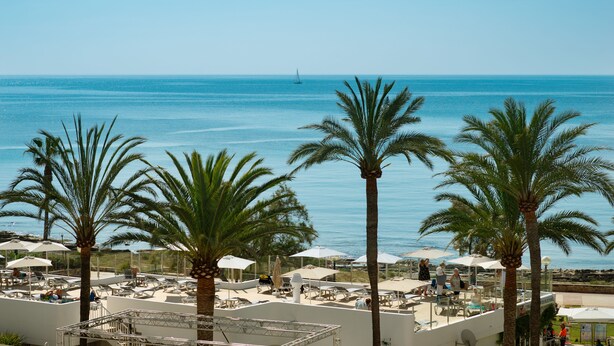 A rooftop terrace with palm trees, sun loungers, and umbrellas overlooking the sea. - Palia Sa Coma Playa (Sant Llorenc des Cardassar)