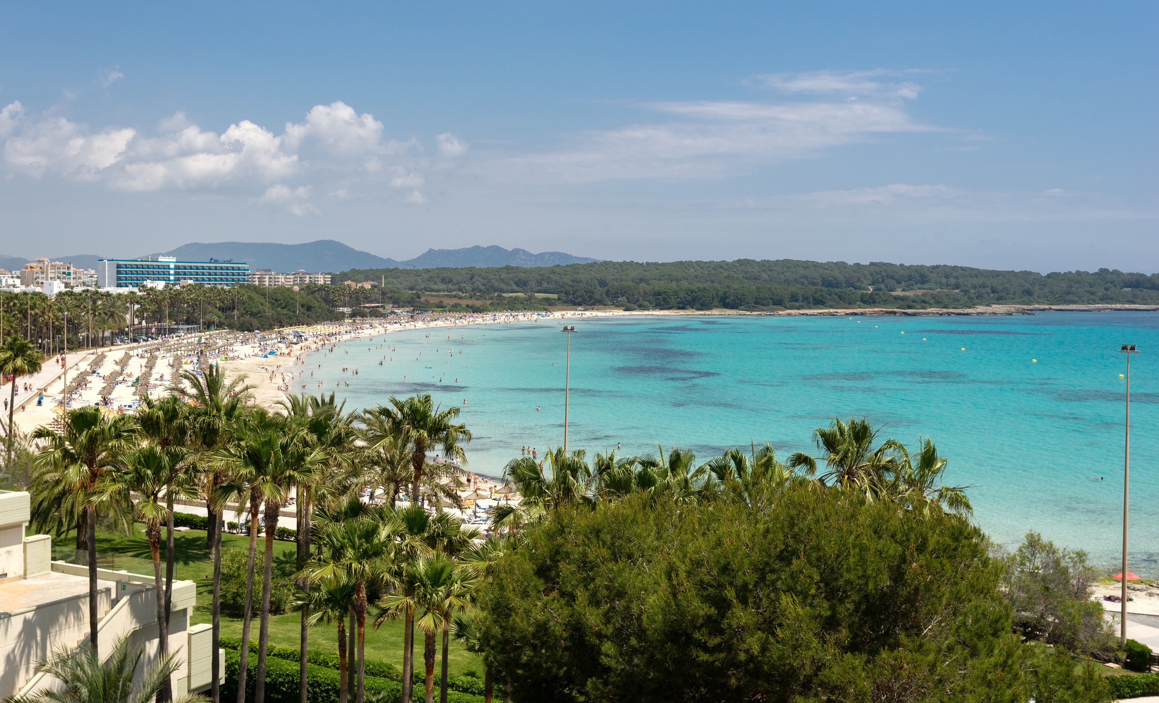 Een strand met helder turquoise water, palmbomen en een hotel op de achtergrond.