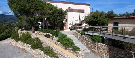 Un sendero de piedra que conduce a un edificio con escaleras y un puente.