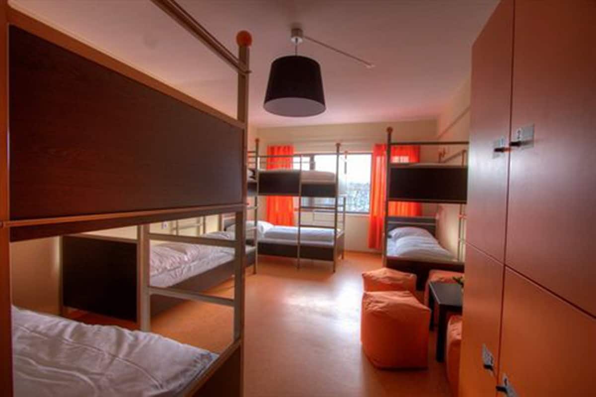 Une chambre de dortoir avec des lits superposés, un bureau et une armoire.