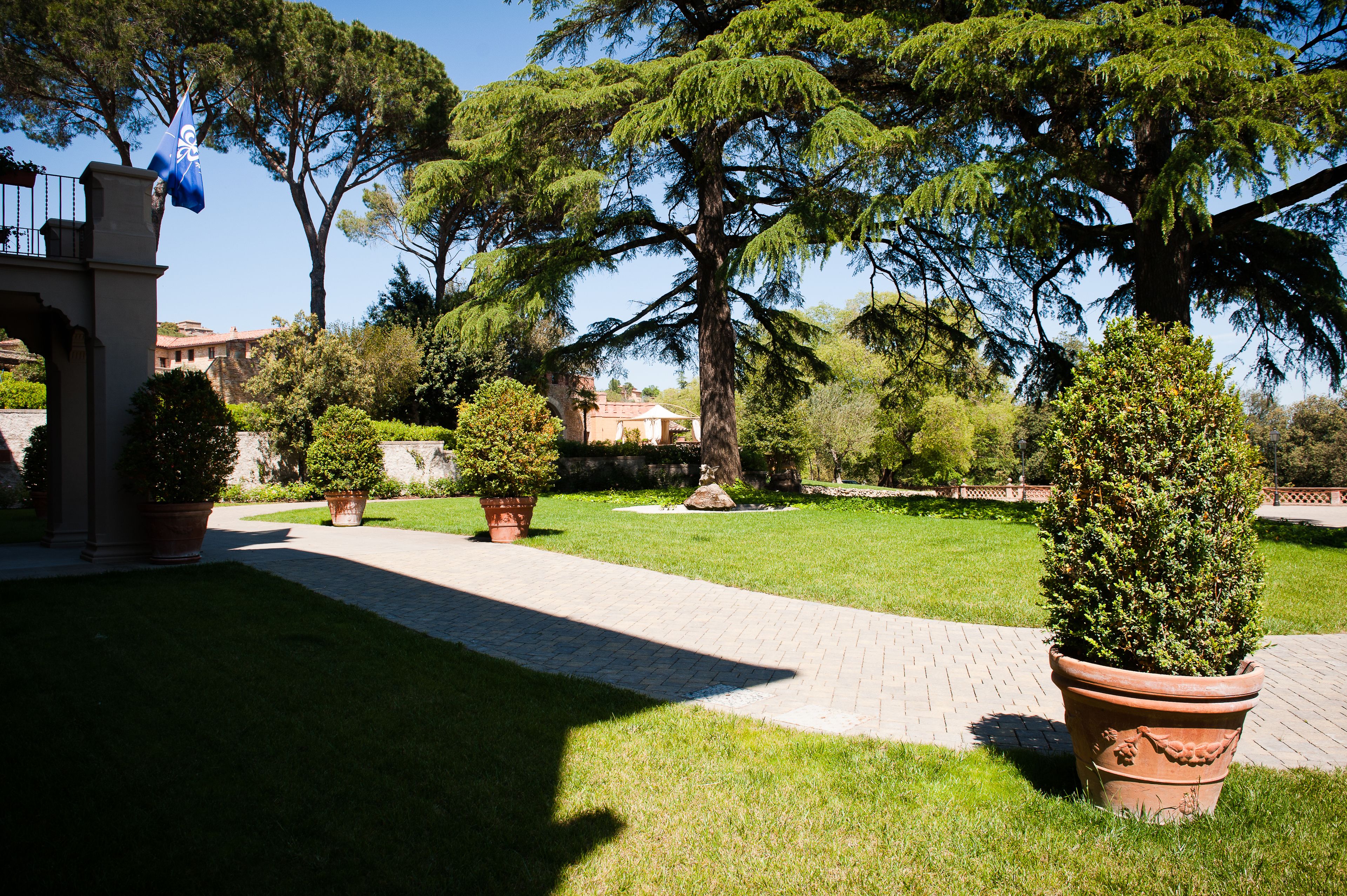Un sendero pavimentado en un jardín bien cuidado, con varios árboles y plantas en macetas.