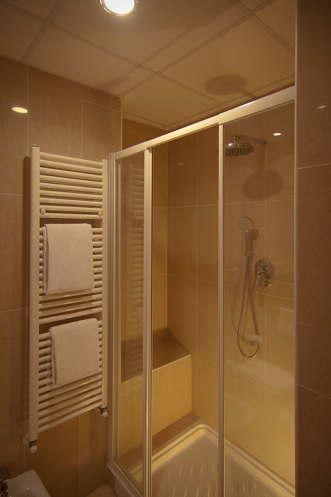 Ein modernes Badezimmer mit einer gläsernen Duschkabine, einem weißen Handtuchhalter und einer Badewanne.