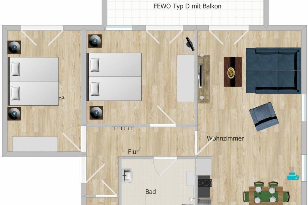 Grundriss eines Ferienwohnungs-Typs D mit Balkon, inklusive Wohnzimmer, Küche und Bad sowie einem kleinen Balkonbereich.