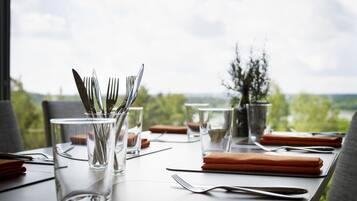 A dining table set with cutlery, glasses, and a napkin, overlooking a scenic landscape.