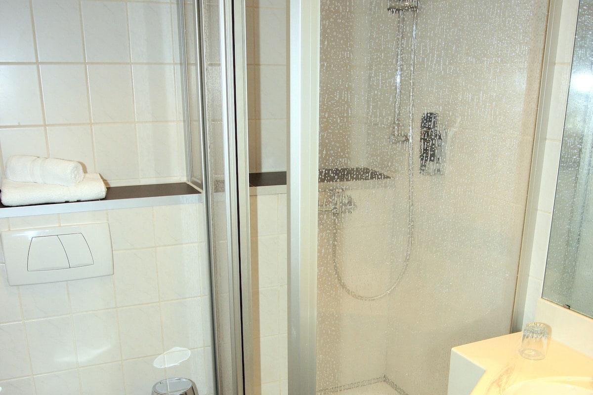 single room | bathroom | shower, hair dryer, towels