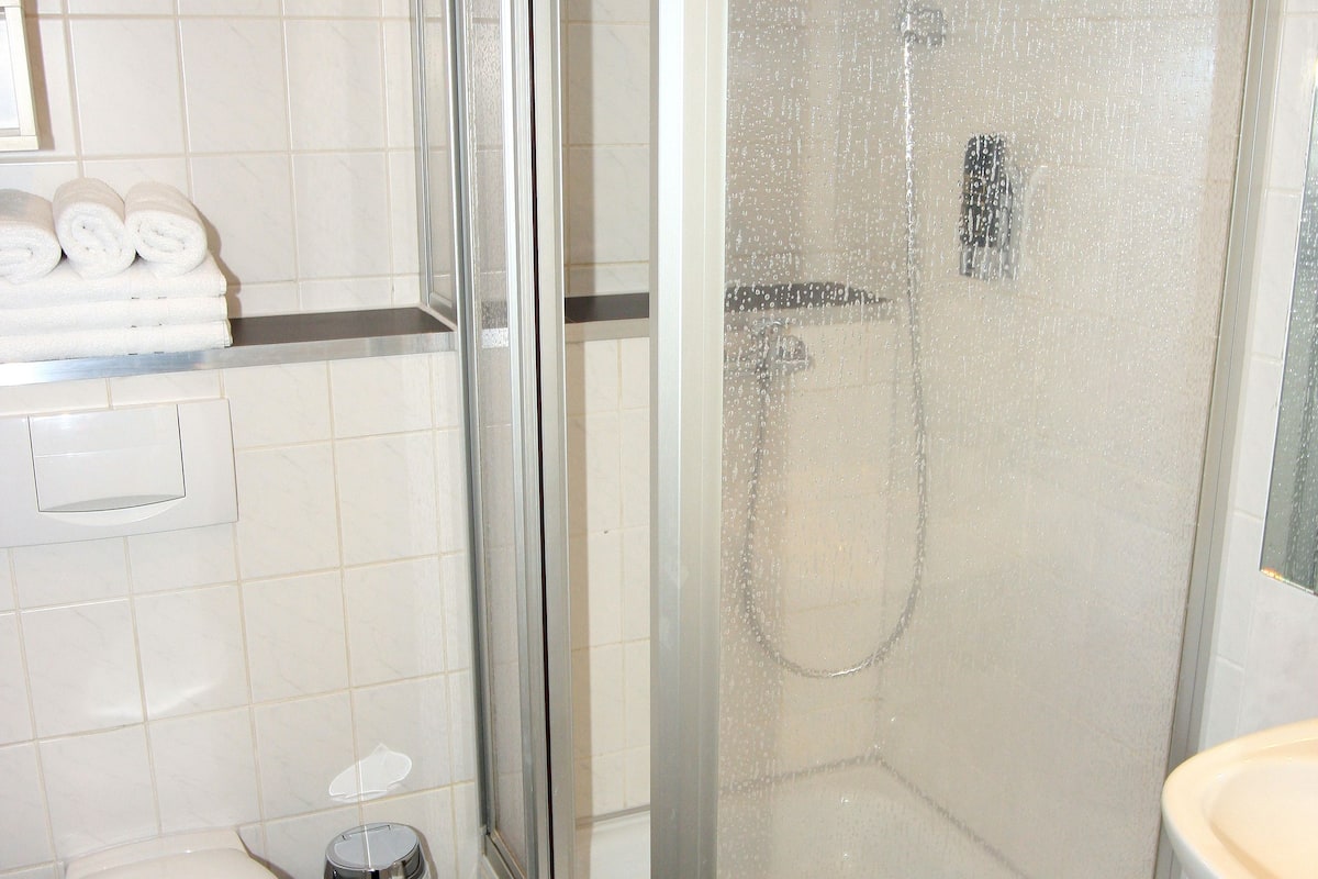 double room single use | bathroom | shower, hair dryer, towels