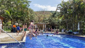 Une piscine où des personnes sautent à l’eau, entourée de palmiers et bordée d’une terrasse en bois.