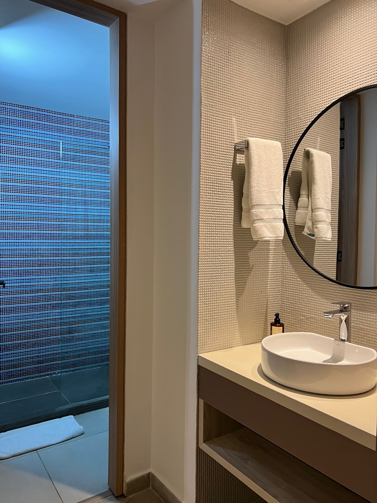 Une salle de bain moderne avec un grand miroir, un lavabo rond et un espace douche doté d’une porte en verre.