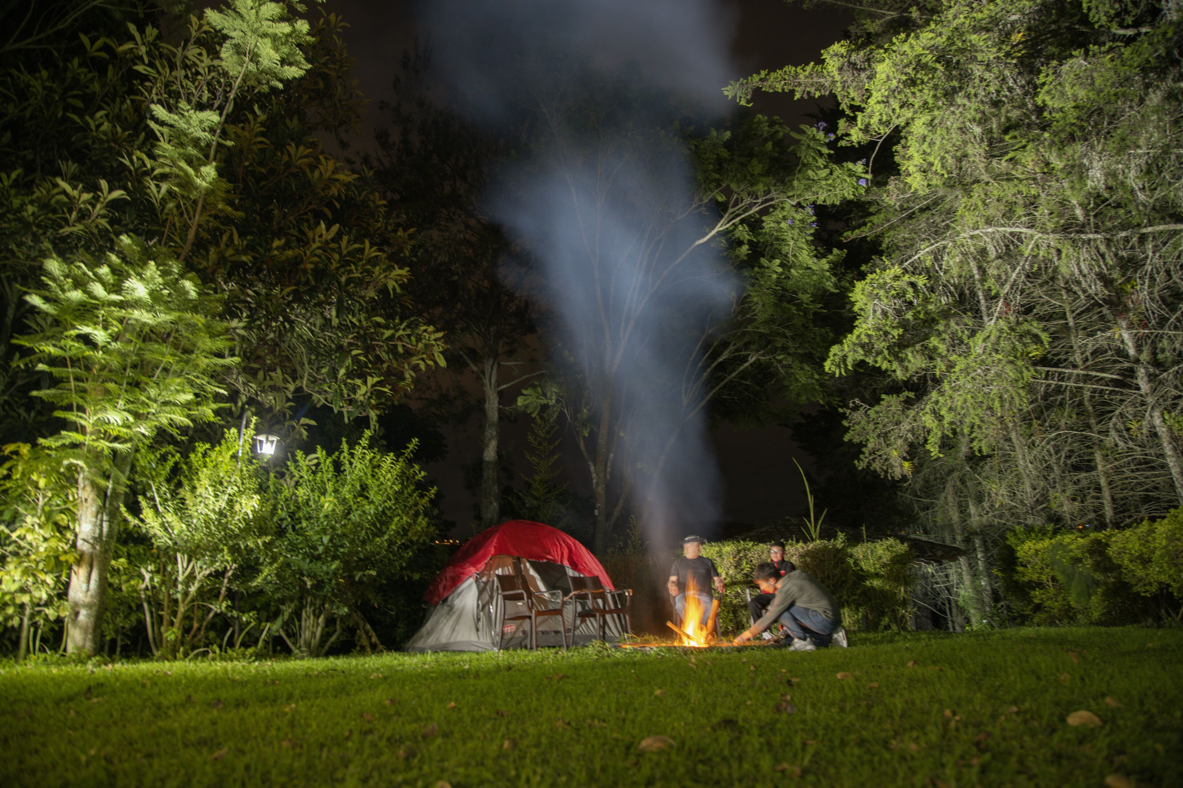 A tent with a red roof and a campfire in a grassy area surrounded by trees.