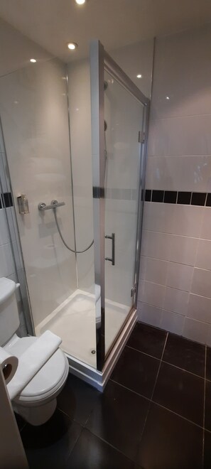 Un baño moderno con ducha envuelta en vidrio, inodoro blanco y suelo de baldosas oscuras.