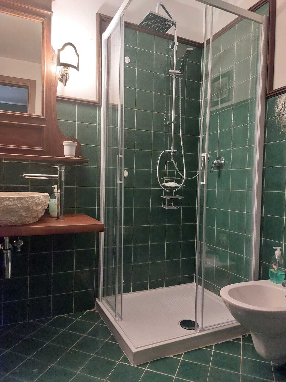 A bathroom with a glass-enclosed shower, a sink with a stone basin, and a toilet.