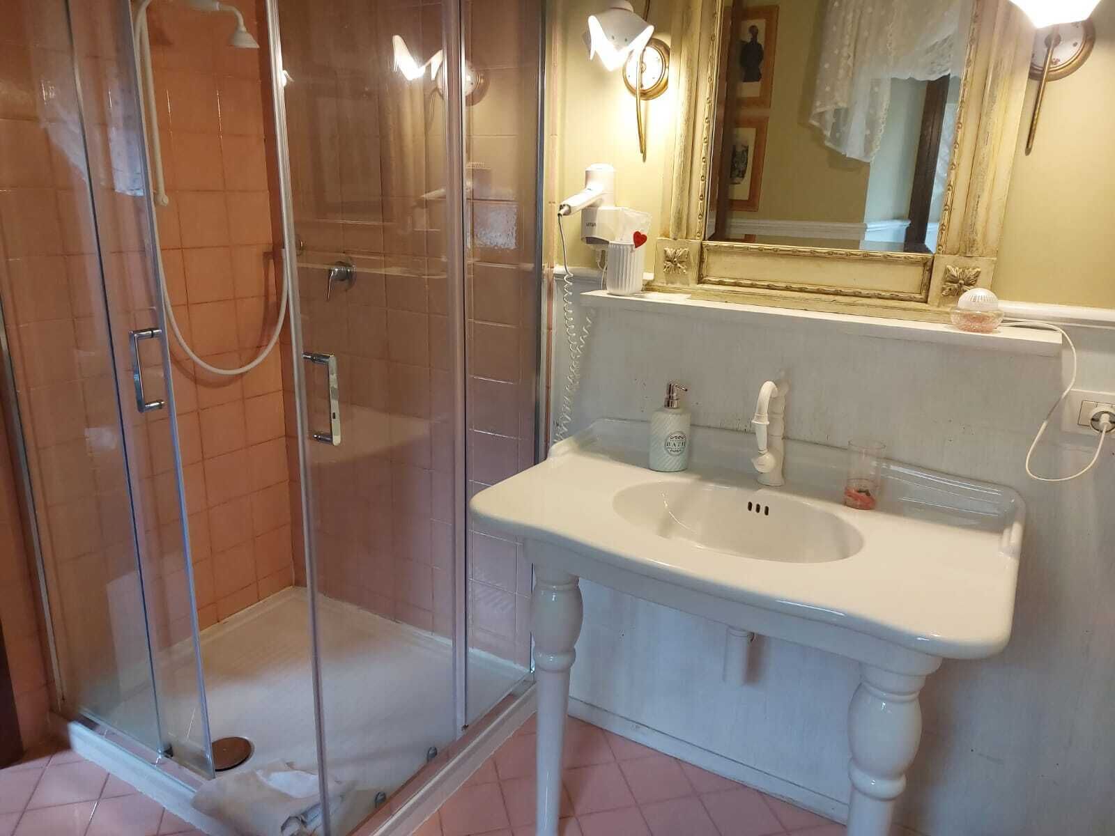 A bathroom with a glass-enclosed shower, a white sink, and a mirror above the sink.