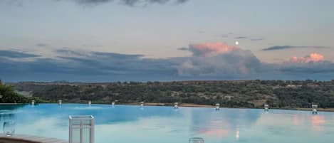 Seasonal outdoor pool, pool umbrellas, pool loungers