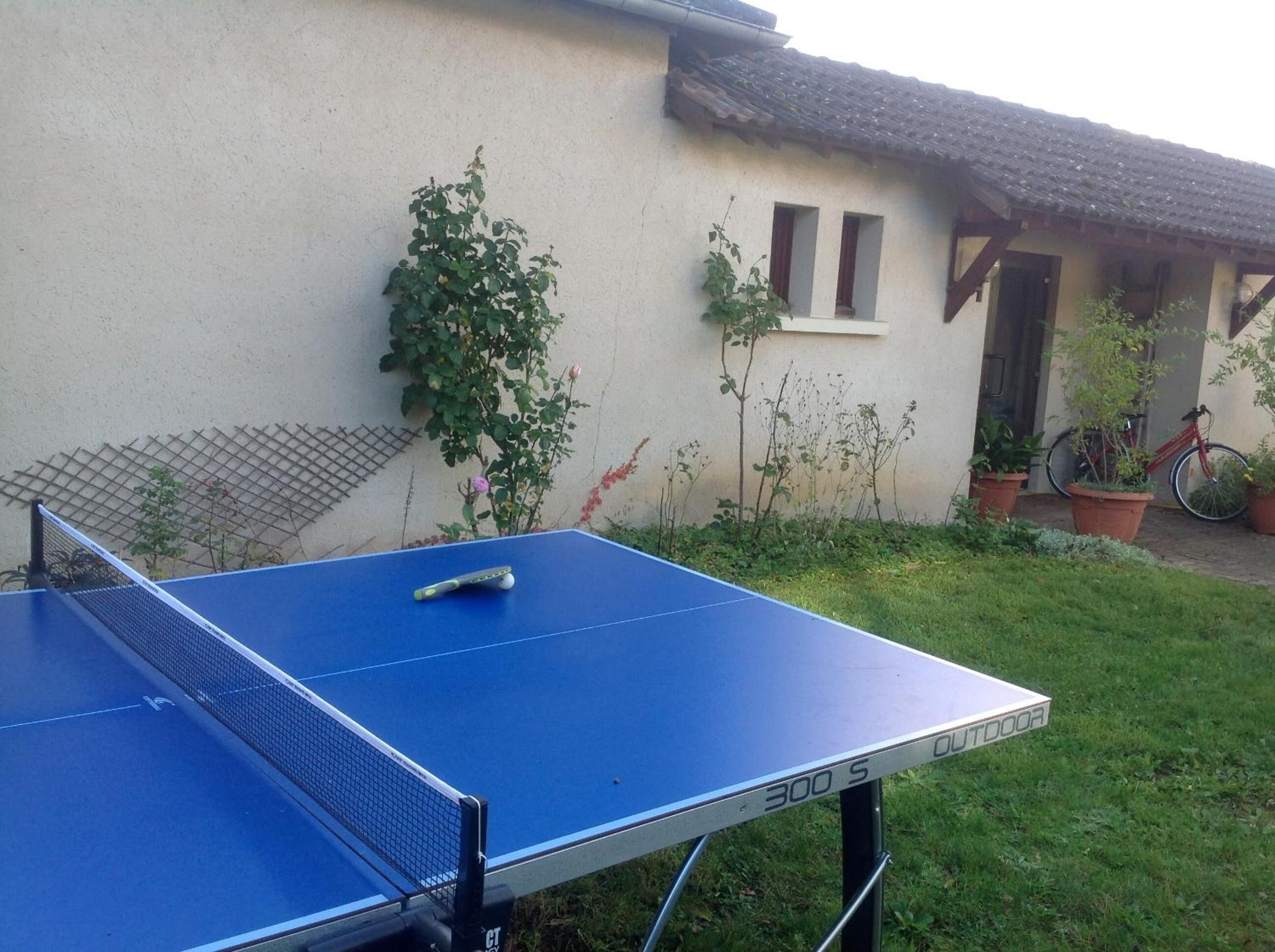 A blue ping pong table in a garden with a house in the background.