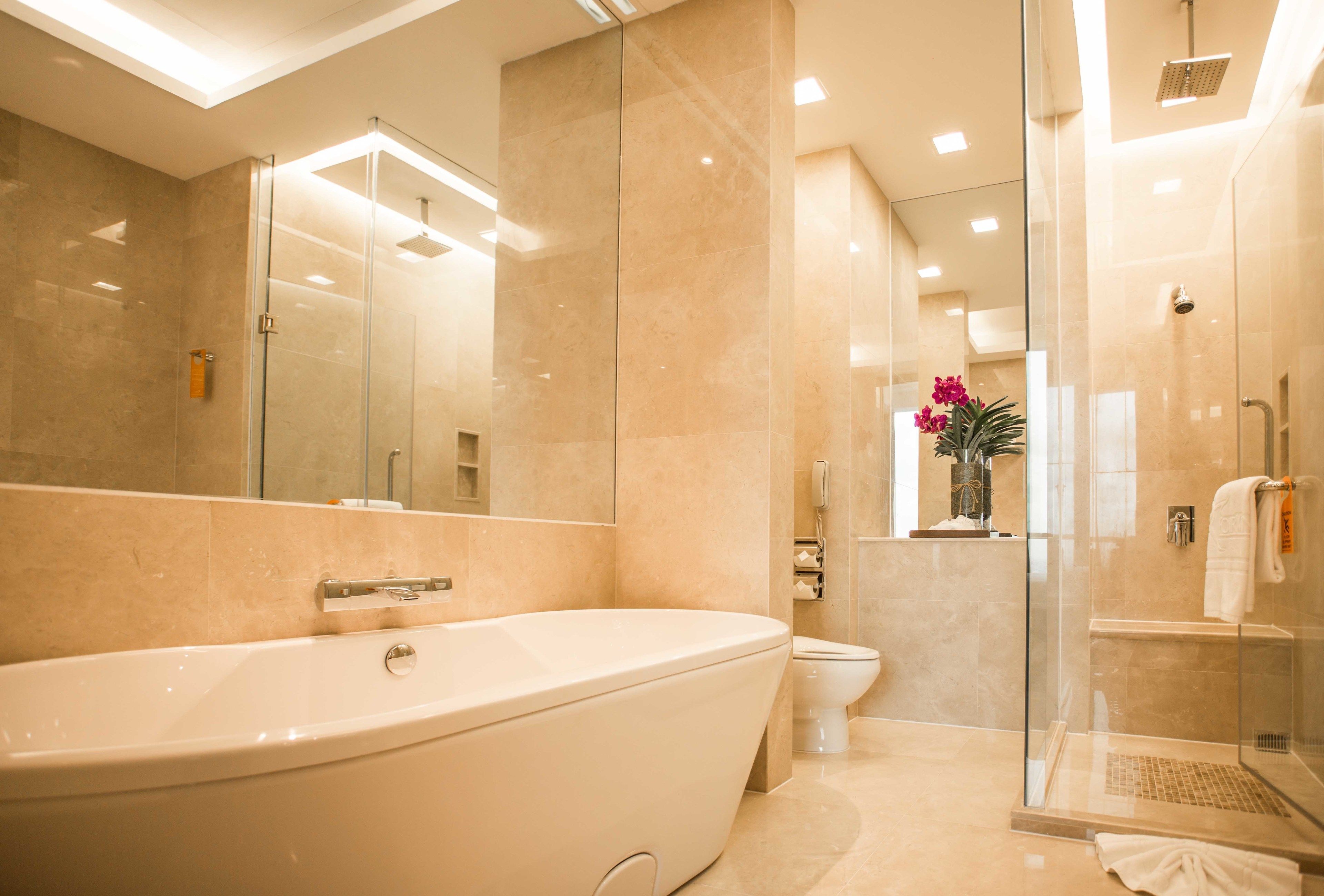 combined shower/bathtub, free toiletries, hair dryer, bathrobes