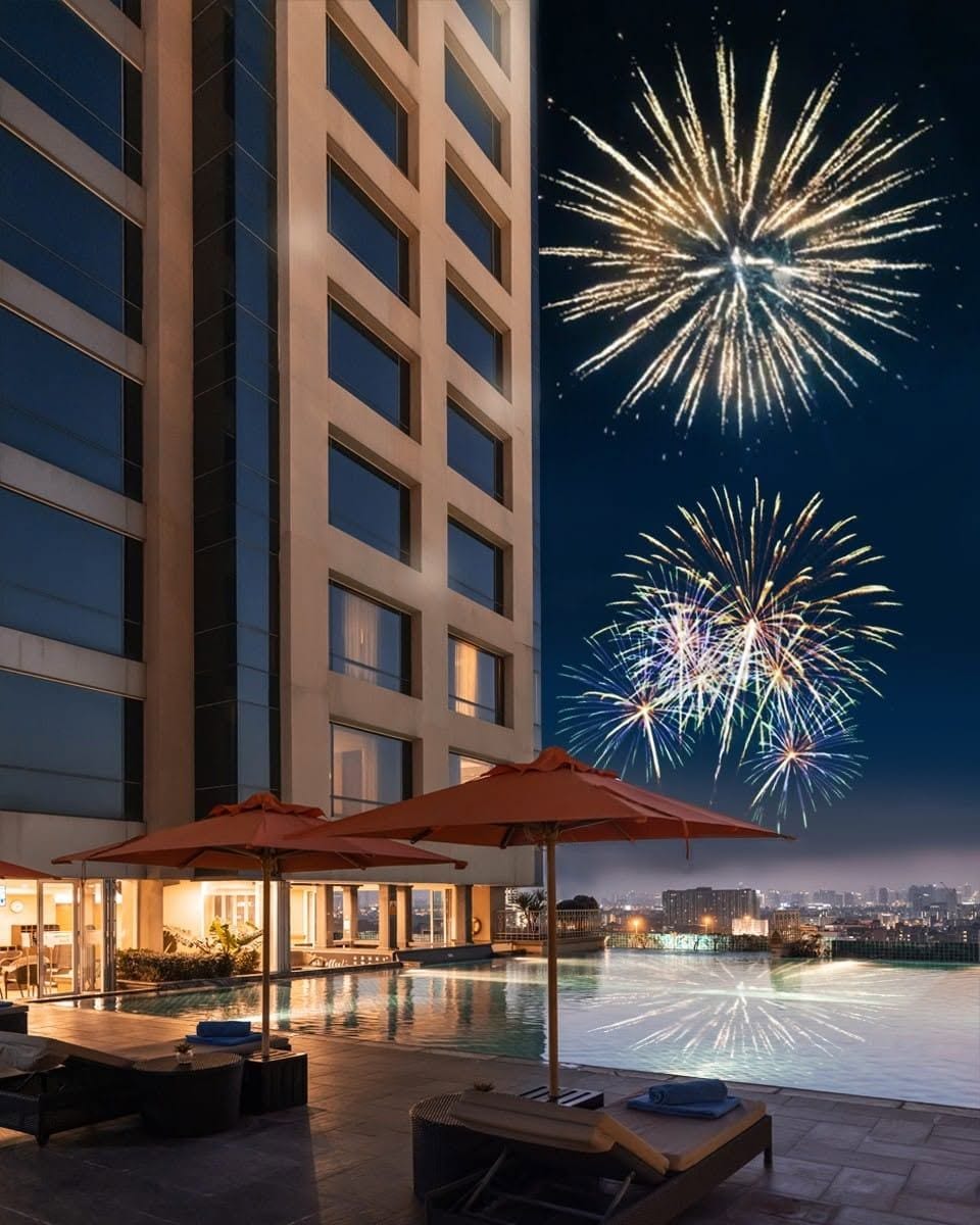 Zona de piscina hotelera con sillones de descanso y sombrillas, un edificio con grandes ventanales y un cielo nocturno con fuegos artificiales.