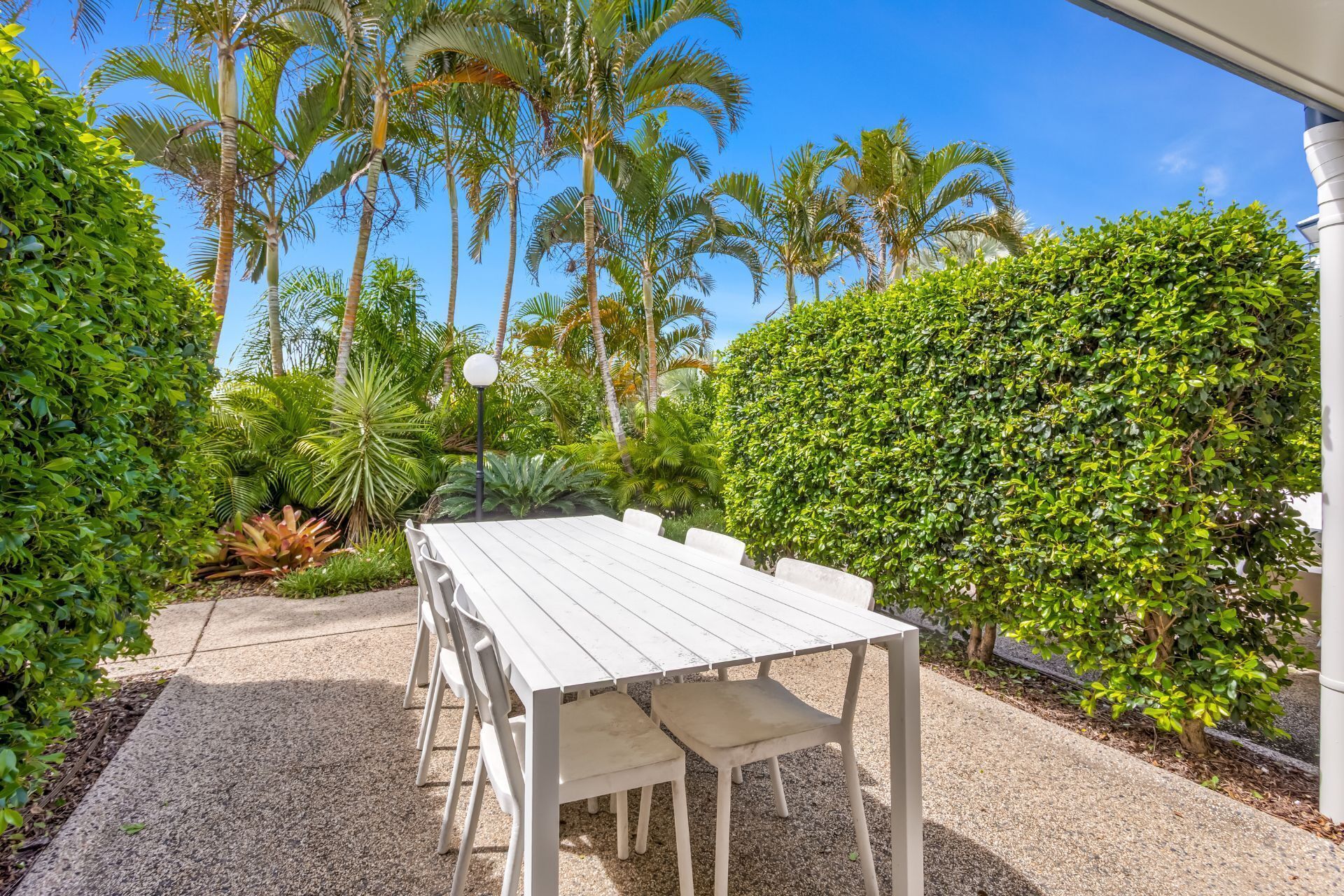 A white outdoor table and chairs set on a gravel path, surrounded by lush greenery and palm trees.