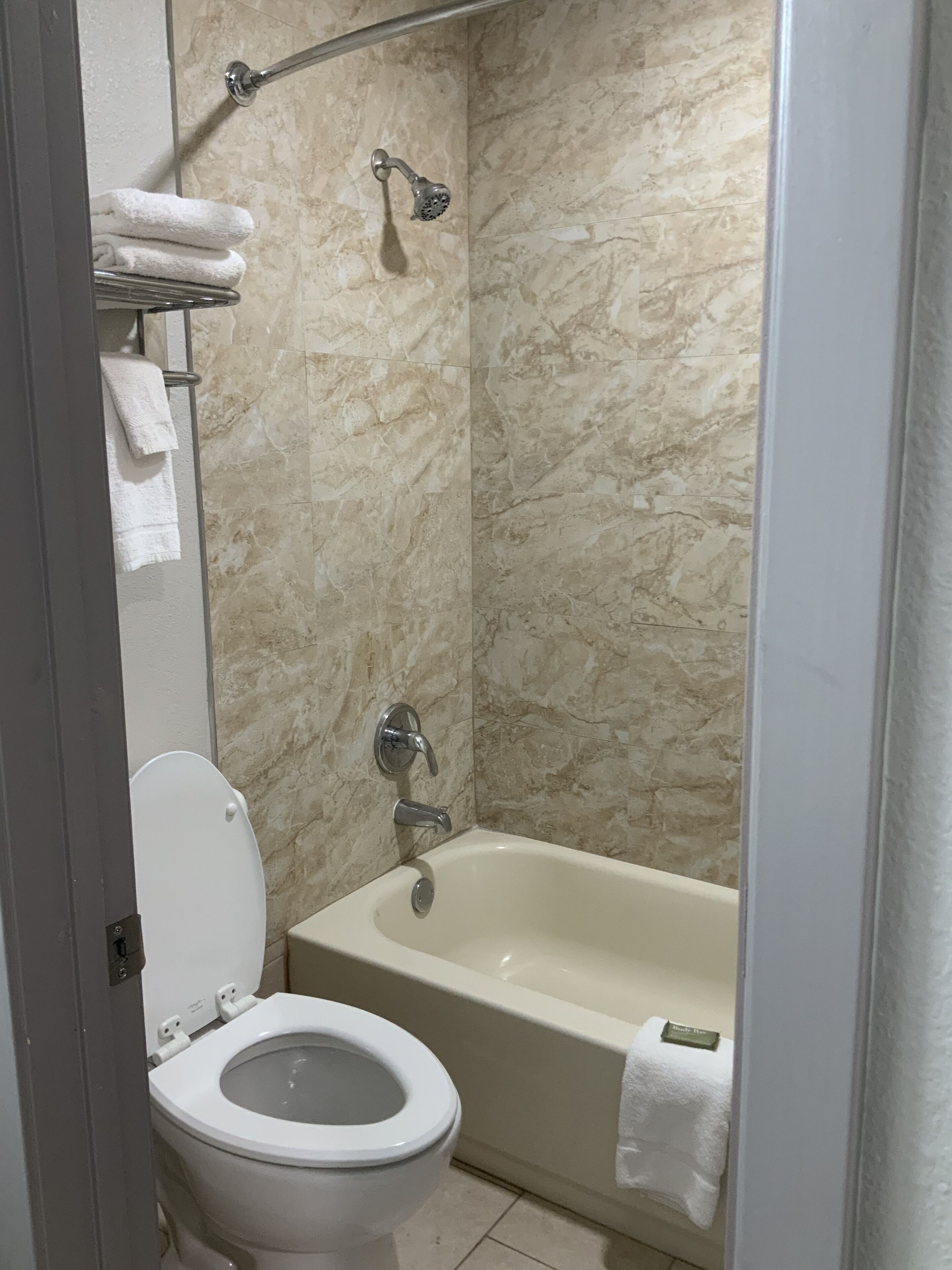 A bathroom with a toilet, a bathtub, and a showerhead.