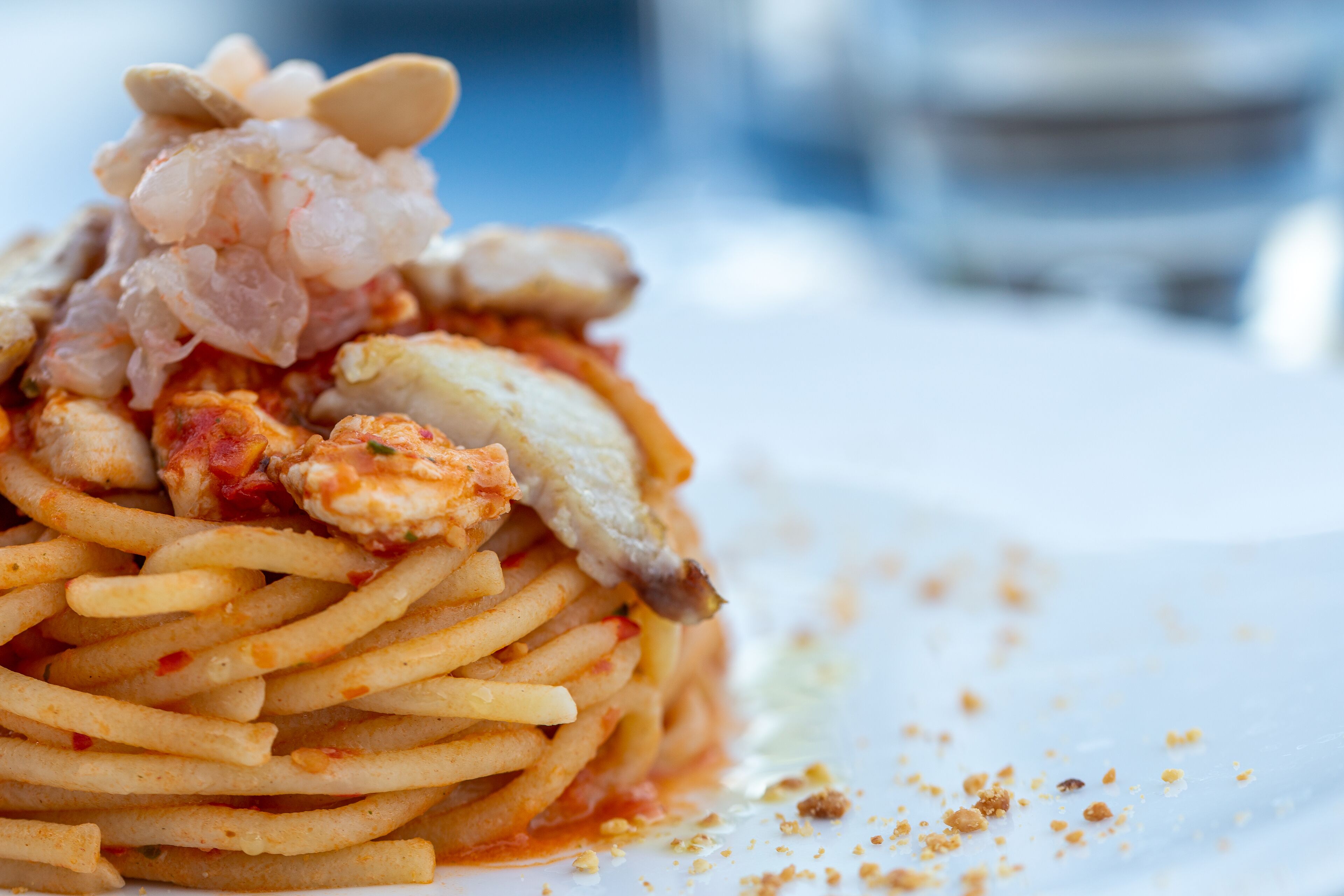 A plate of spaghetti with shrimp and a clamshell garnish.