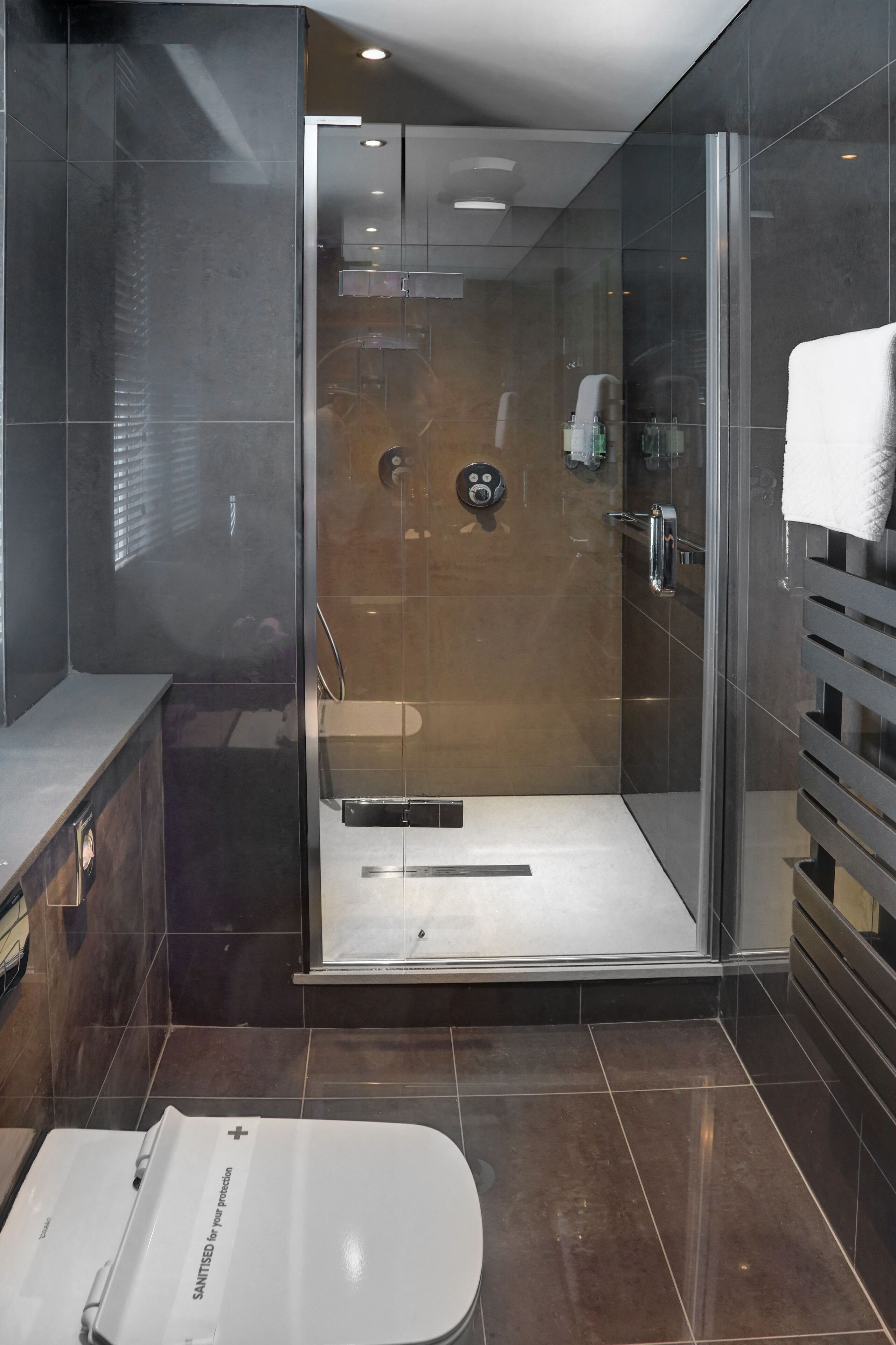 Un baño moderno con ducha envuelta en vidrio, una bañera independiente y un inodoro.