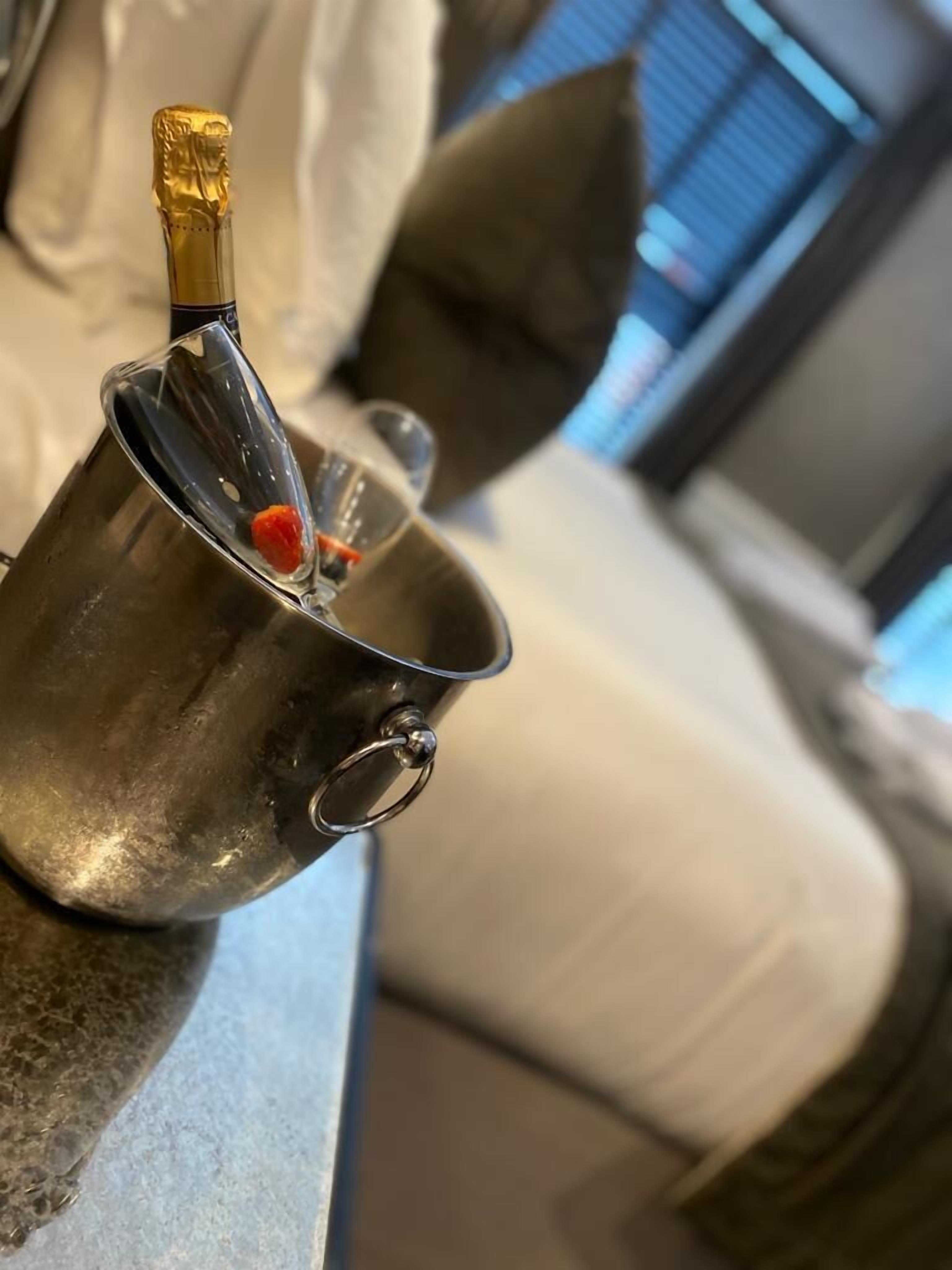 A metallic bucket with a bottle of champagne and a small orange object inside, placed on a surface near a couch.