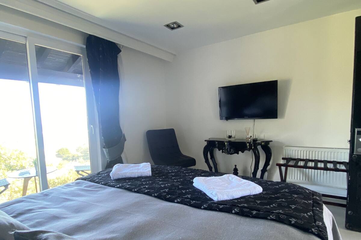 A hotel room with a bed, a chair, a TV, and a table with a vase.