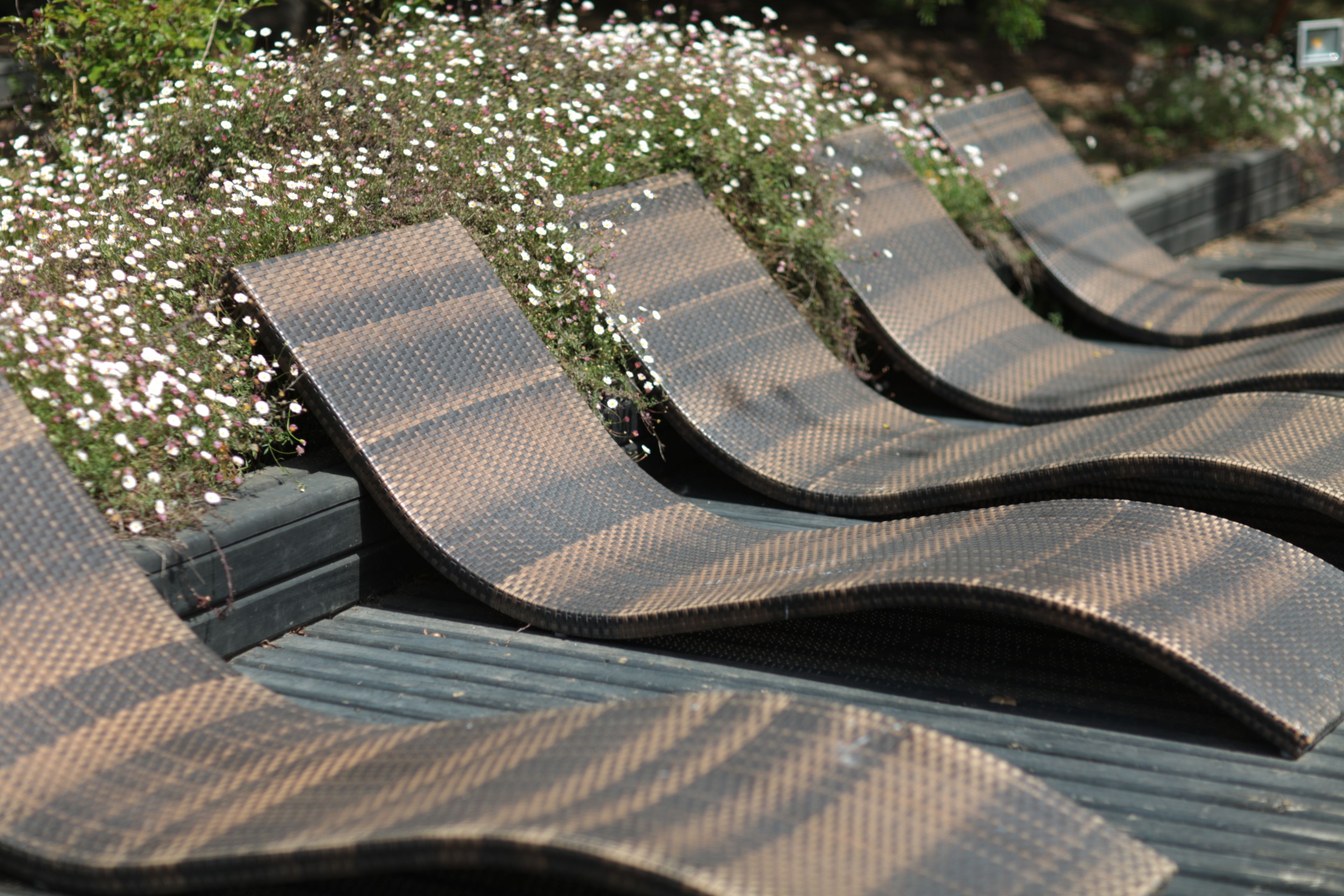 Een rij comfortabele stoelen met een structuurweefsel, gerangschikt achter een tuin.