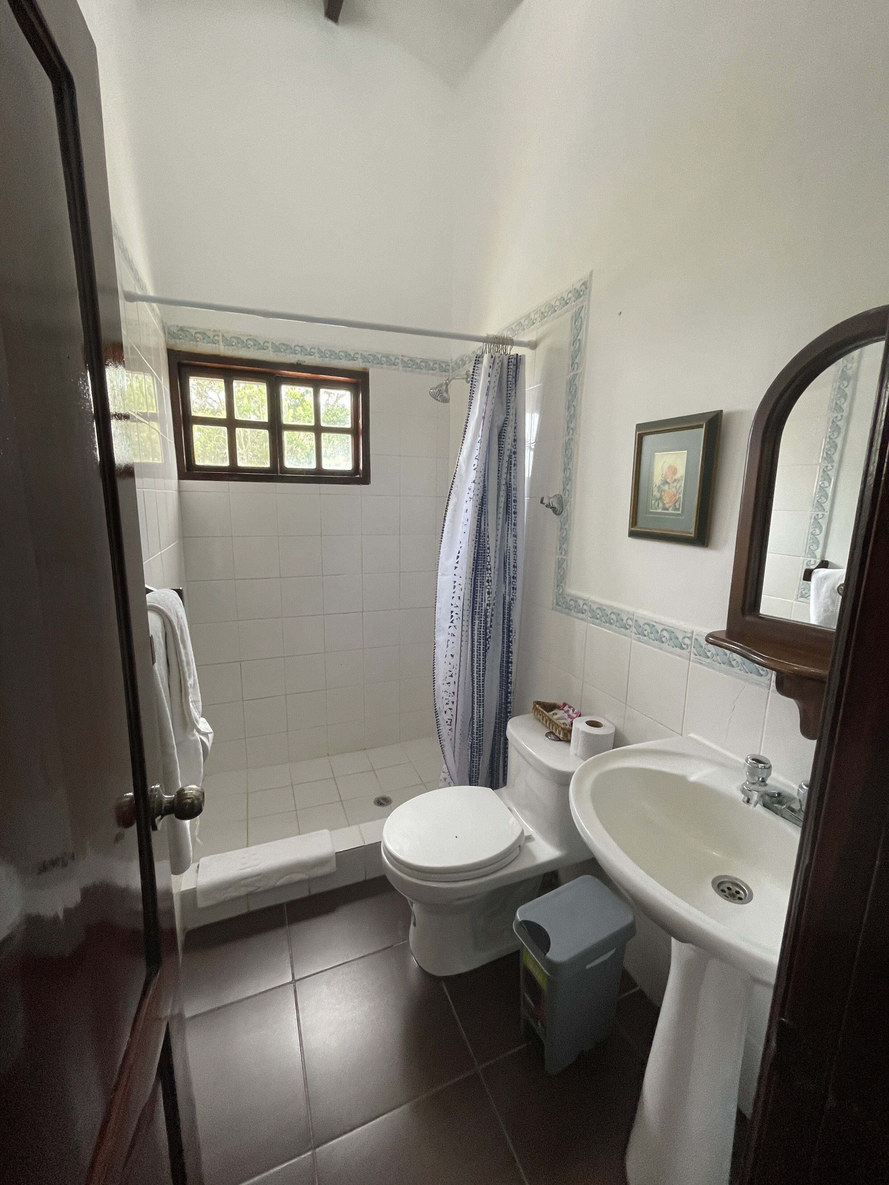 A bathroom with a toilet, sink, shower, and a window.