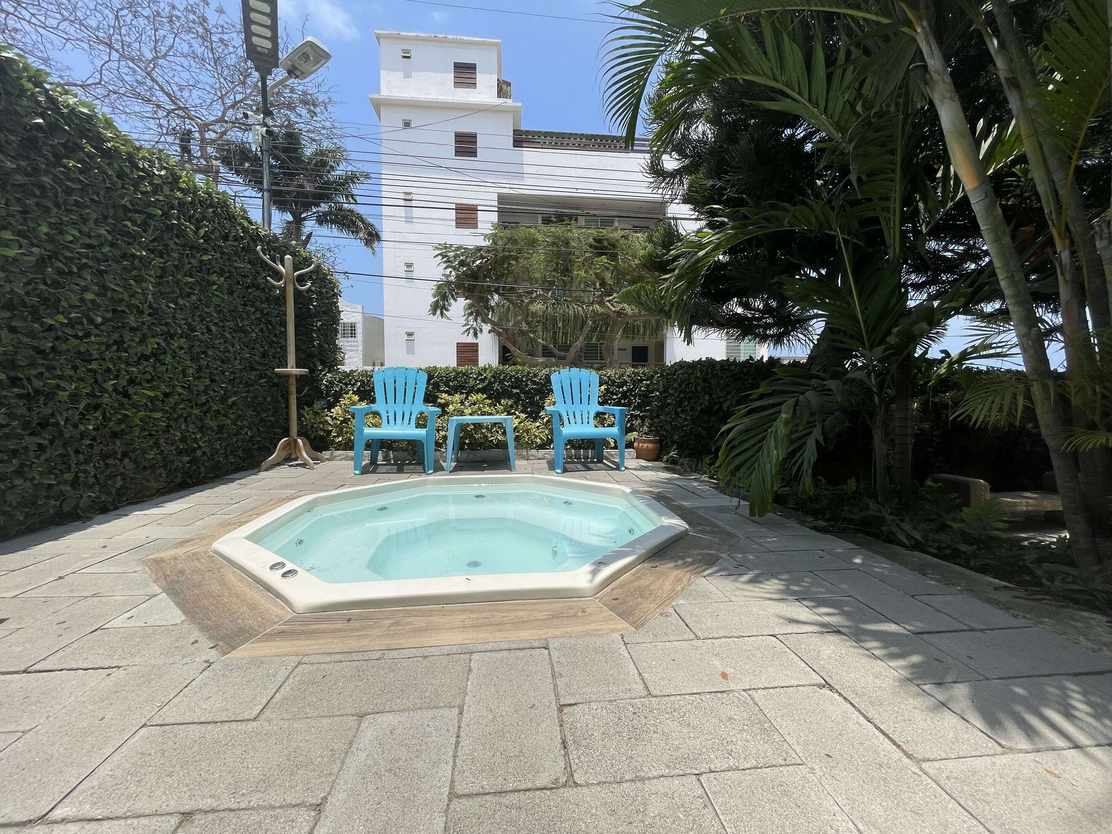 Una piscina con dos sillas azules, rodeada por un seto y palmeras.