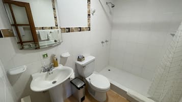 Baño con lavamanos, inodoro y ducha.