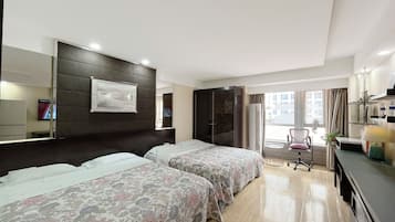 Desk, laptop workspace, blackout curtains, soundproofing