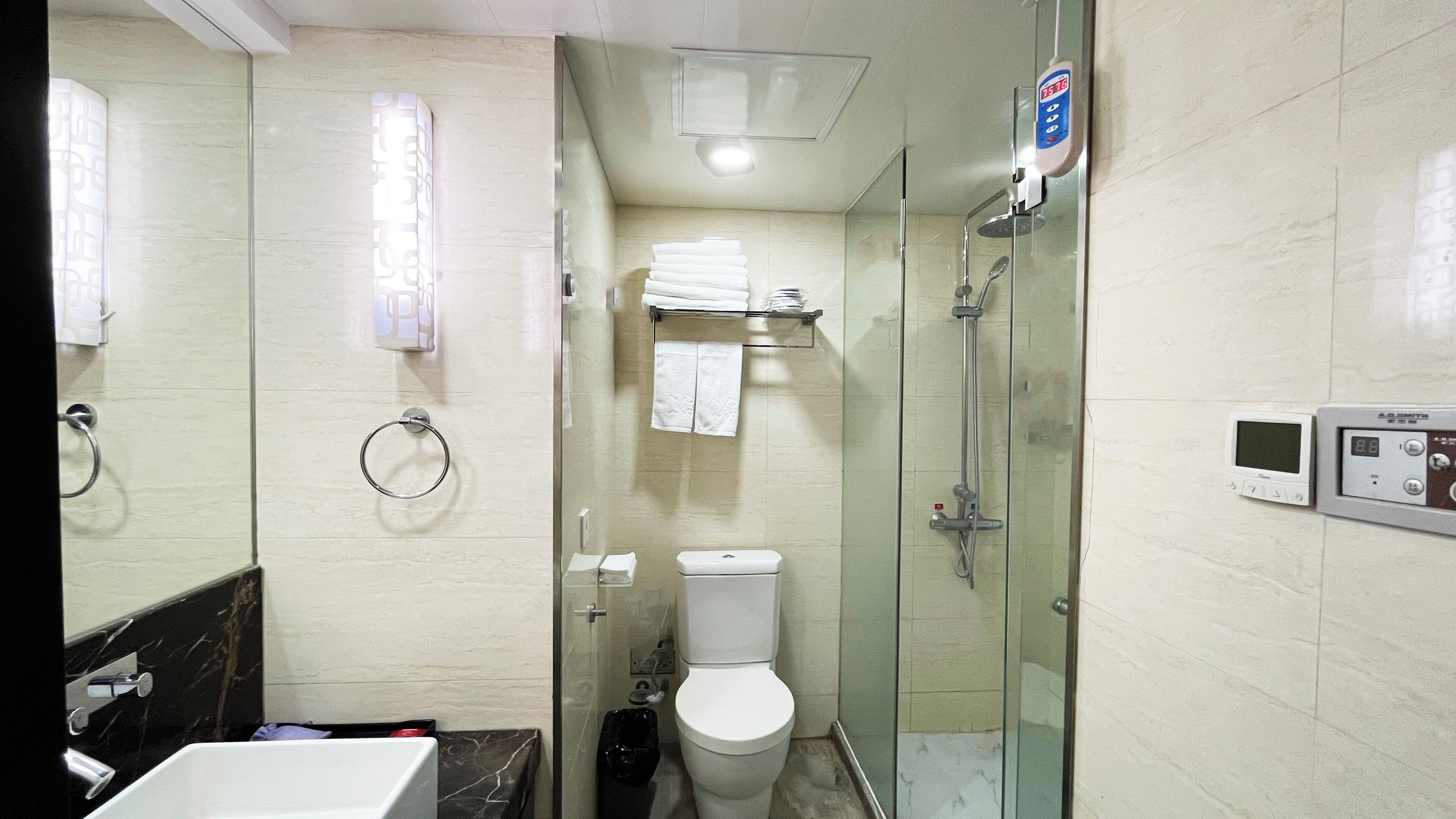 A modern bathroom with a glass-enclosed shower, a toilet, a sink, and a towel rack.