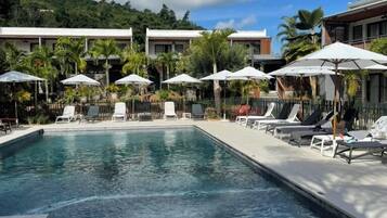 Outdoor pool, pool umbrellas, pool loungers