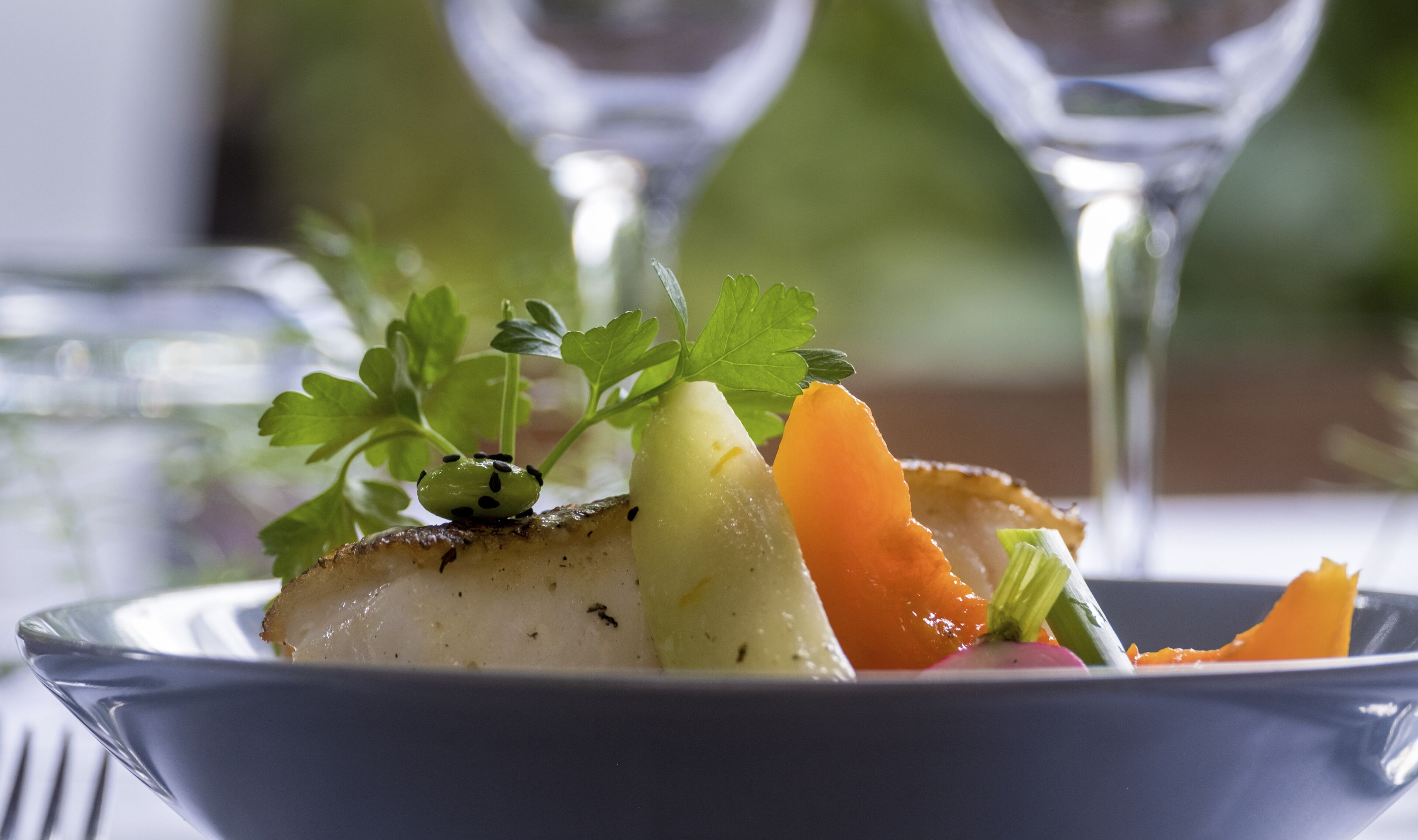 A plate of food with a fish, carrot, and parsley garnish.