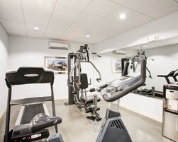 Un gimnasio con máquinas de cardio, equipo de pesas y un espejo grande.