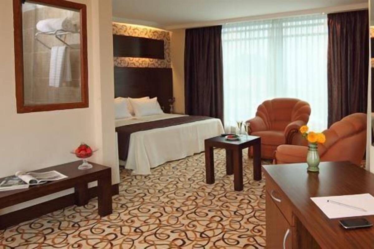 Una habitación de hotel con una cama, un escritorio, una silla, un televisor y un espejo.