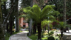 Un chemin de pierre bordé d’une végétation luxuriante et d’arbres, qui mène à un bâtiment à la façade rouge.