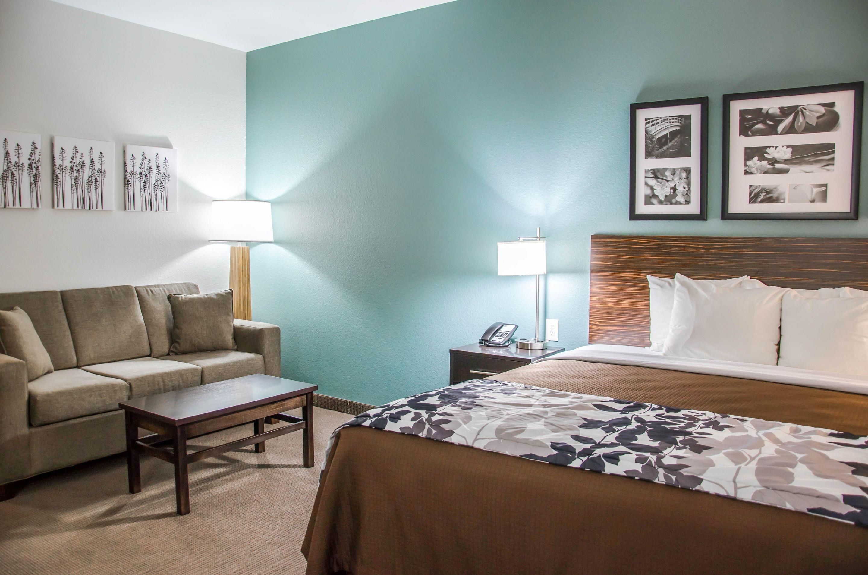 A hotel room with a bed, a sofa, a coffee table, a nightstand with a lamp, and wall art.