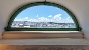 Vista a través de una ventana con marco verde, que muestra un paisaje urbano con edificios y cielo despejado.