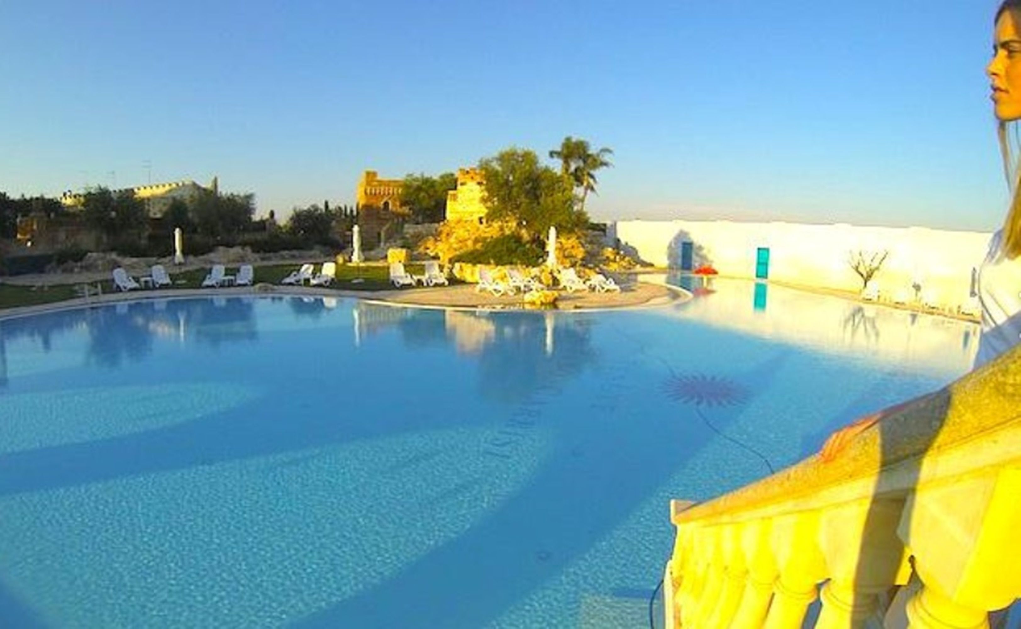 Une piscine avec des chaises longues et un palmier en arrière-plan.