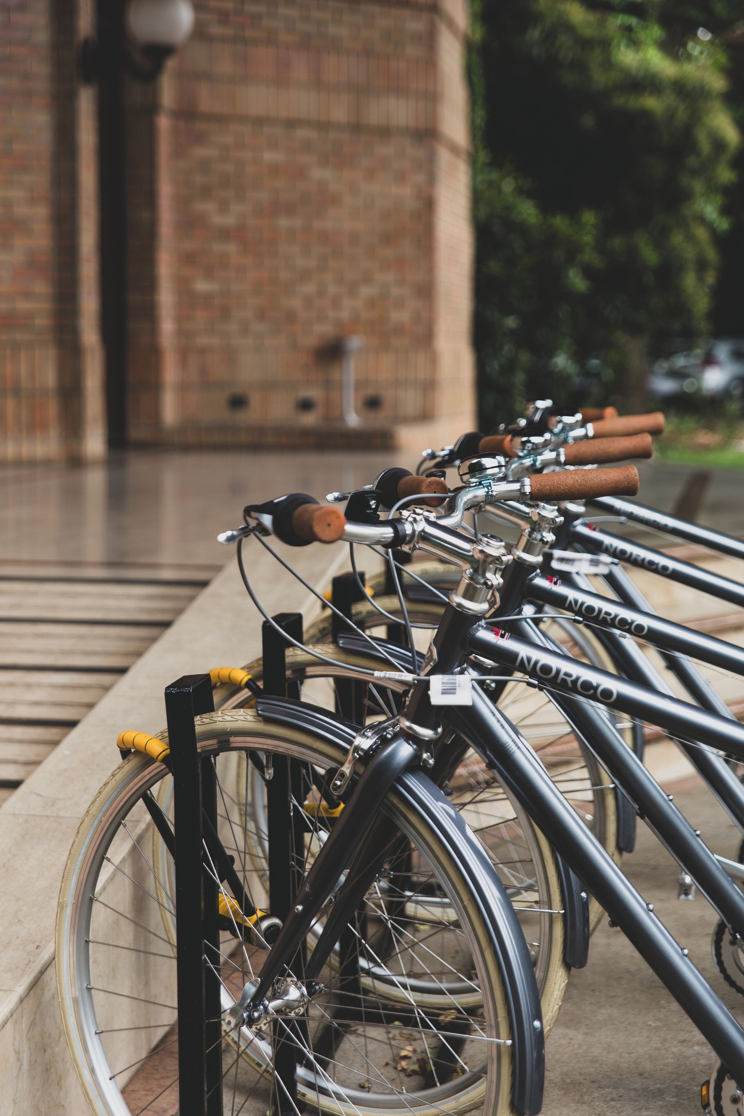 A row of bicycles parked in a covered area with a brick building in the background.