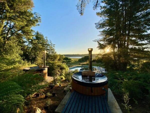 Un jacuzzi rodeado de exuberante vegetación y una vista despejada del lago.