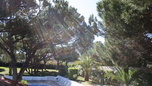 A swimming pool with lounge chairs, surrounded by trees and a fenced area. - Aldeia da Falésia (Albufeira)