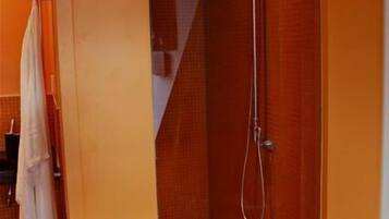 A small, enclosed shower area with a showerhead and a towel rack.