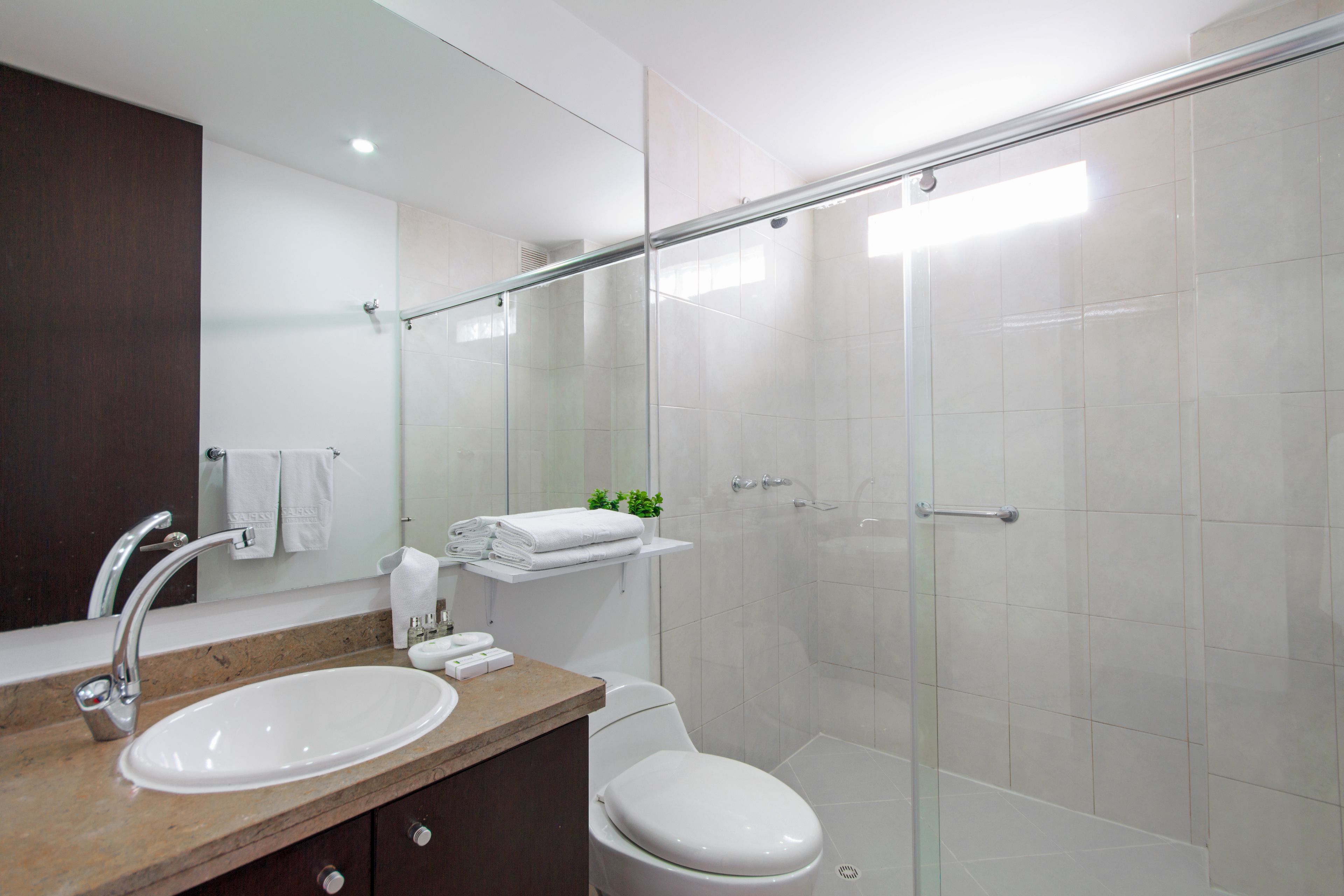 A modern bathroom with a sink, toilet, and glass-enclosed shower.