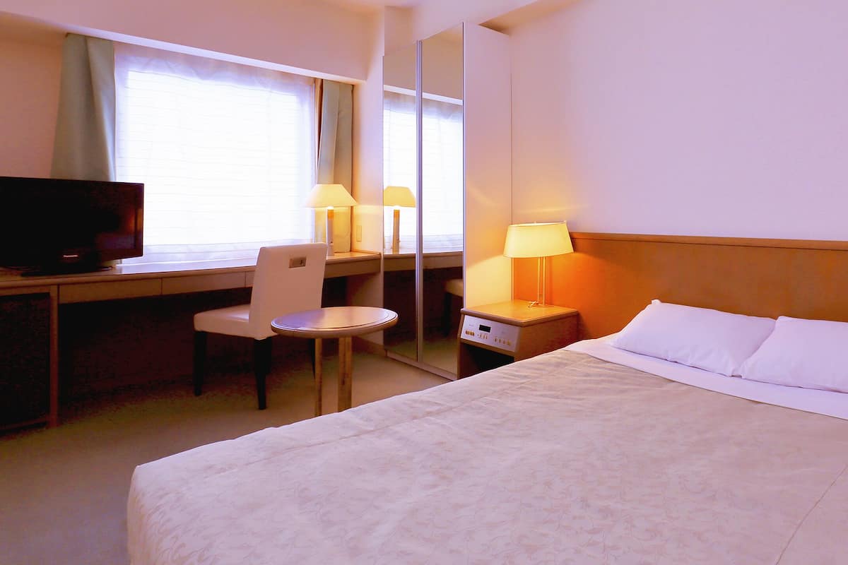 A hotel room with a bed, a desk, a chair, a television, and a mirror.