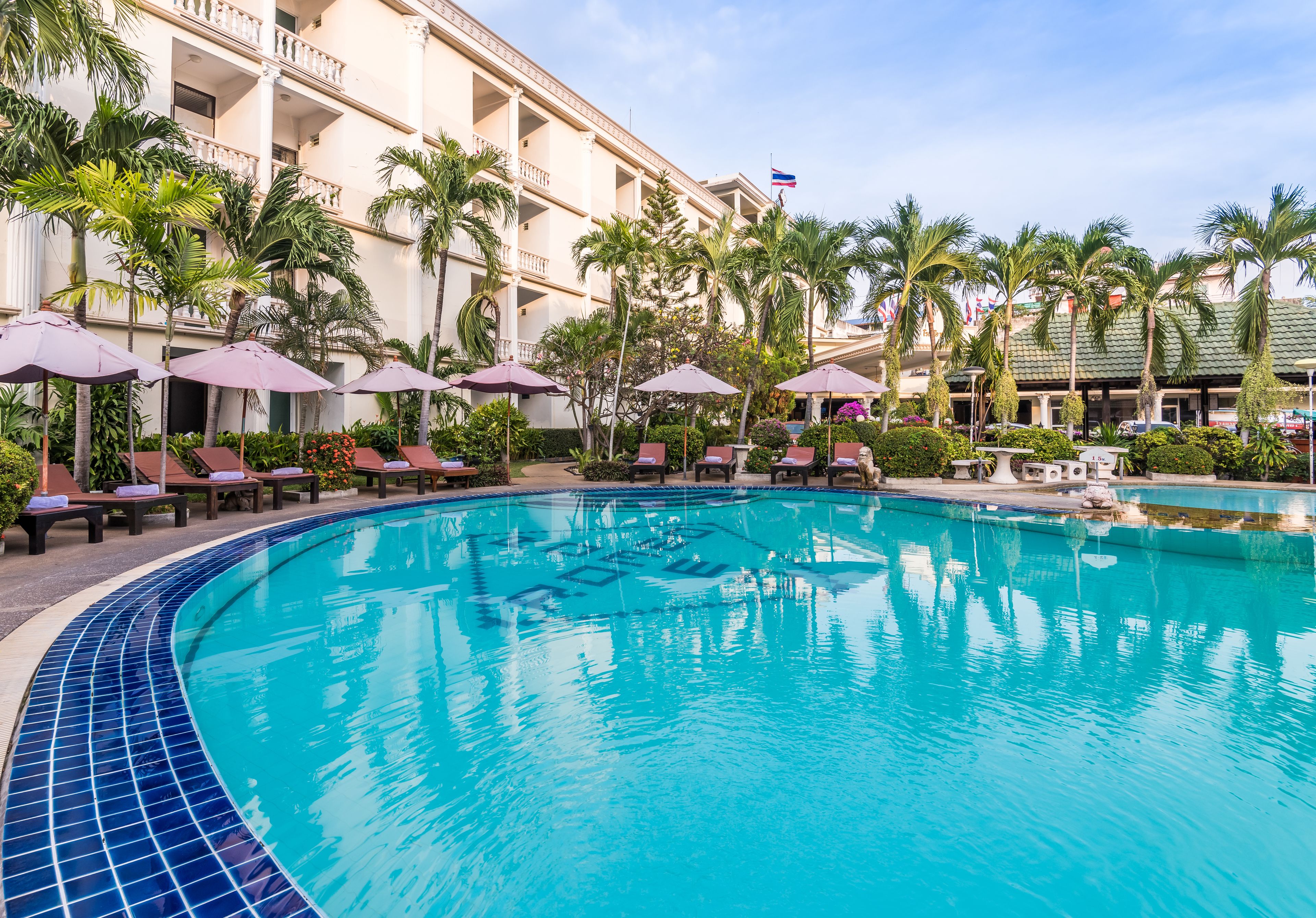 Outdoor pool, pool umbrellas, pool loungers