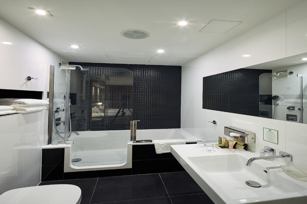 combined shower/bathtub, hair dryer, towels