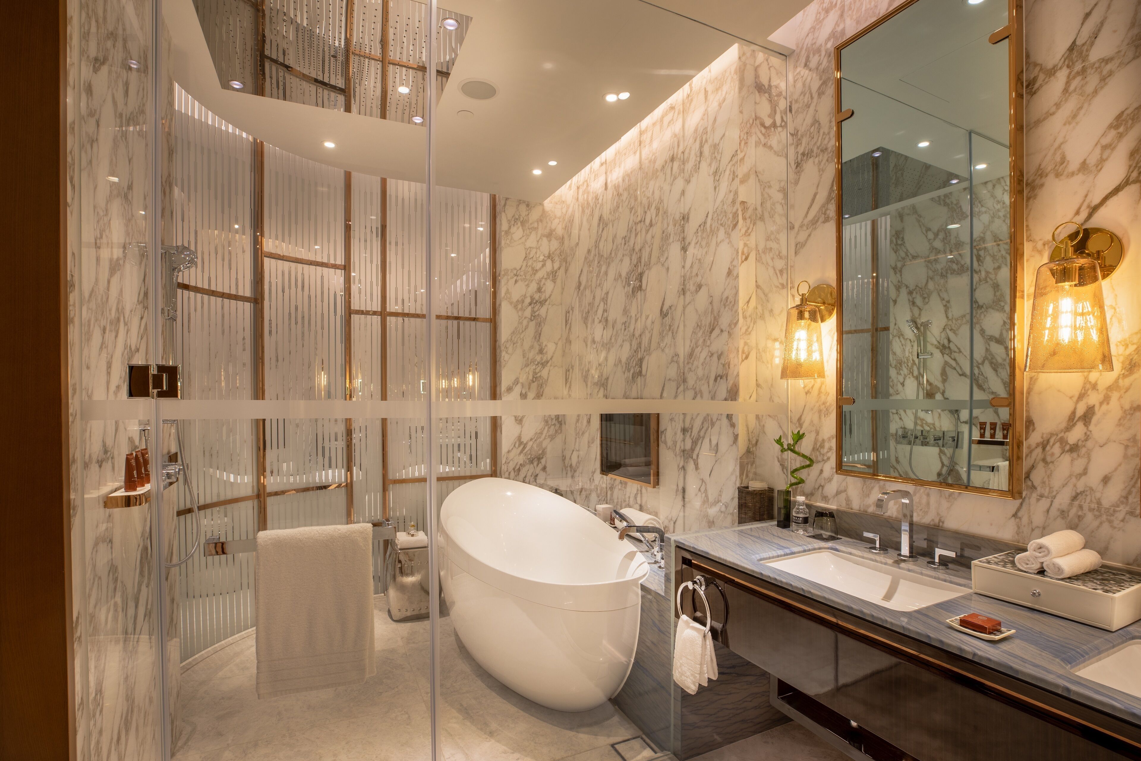 separate bathtub and shower, free toiletries, hair dryer, bathrobes